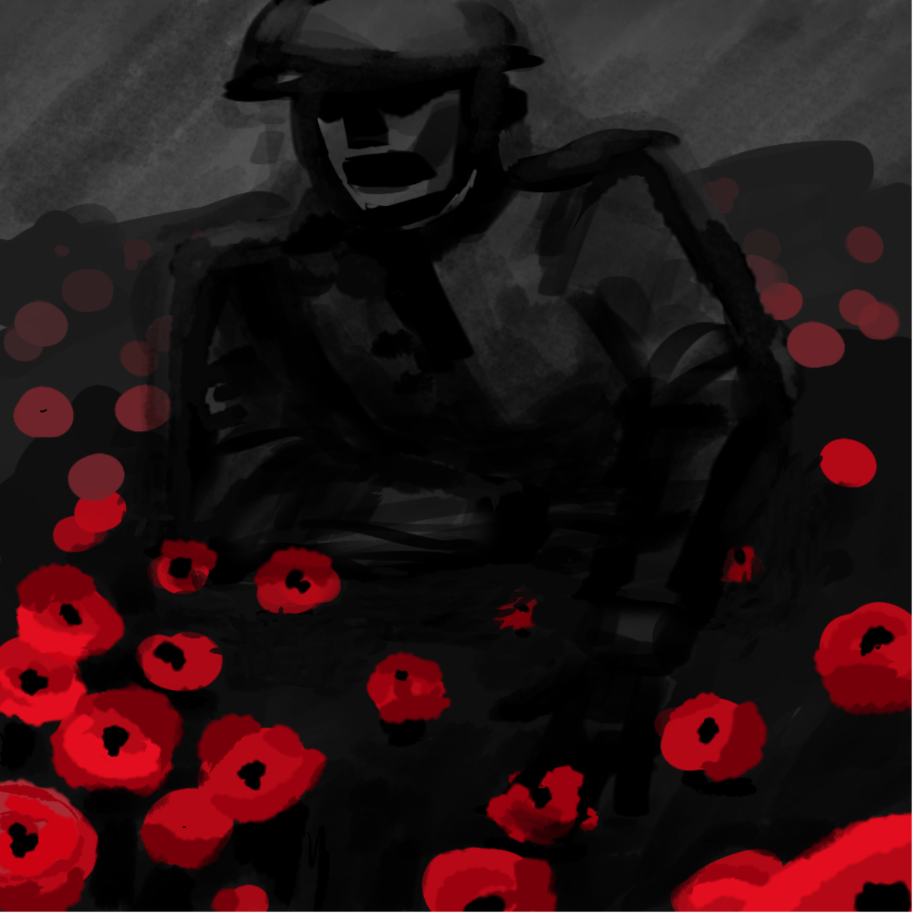 A digital drawing of a soldier on a field of poppies.