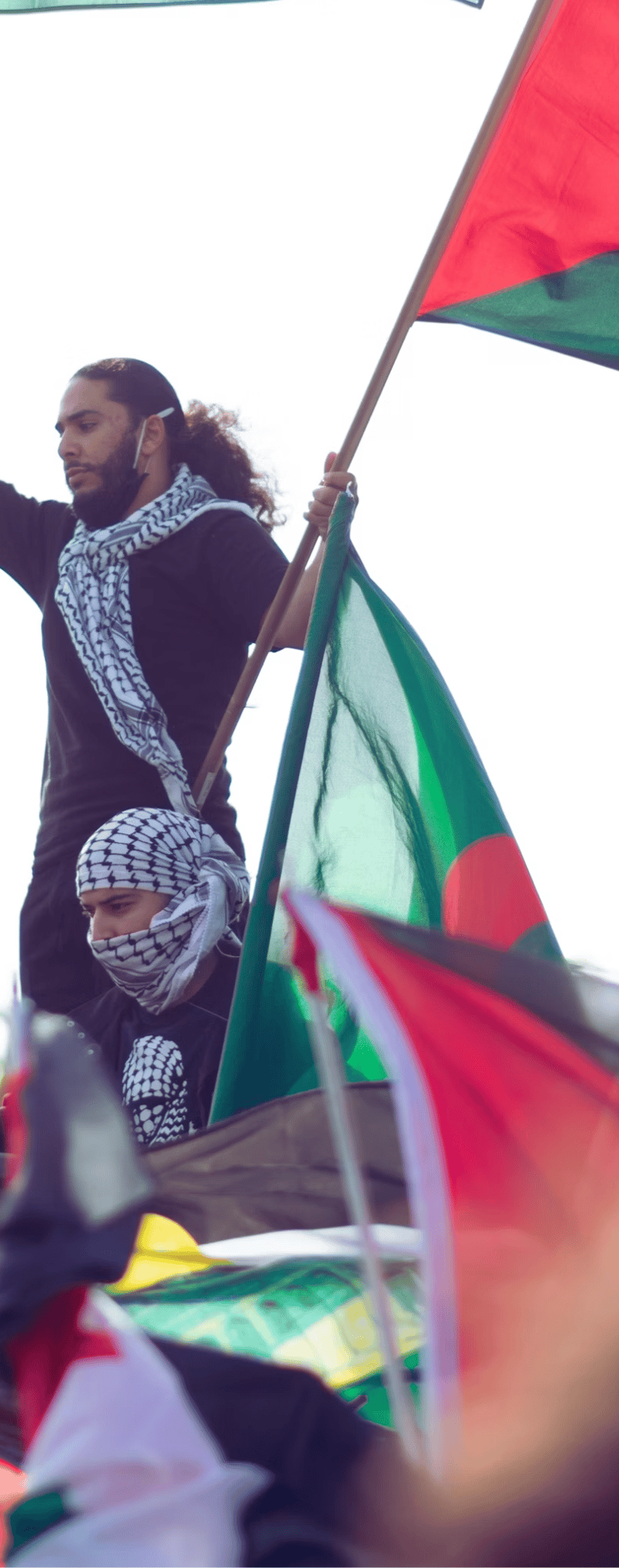 Two men holding up Palestinian flags.